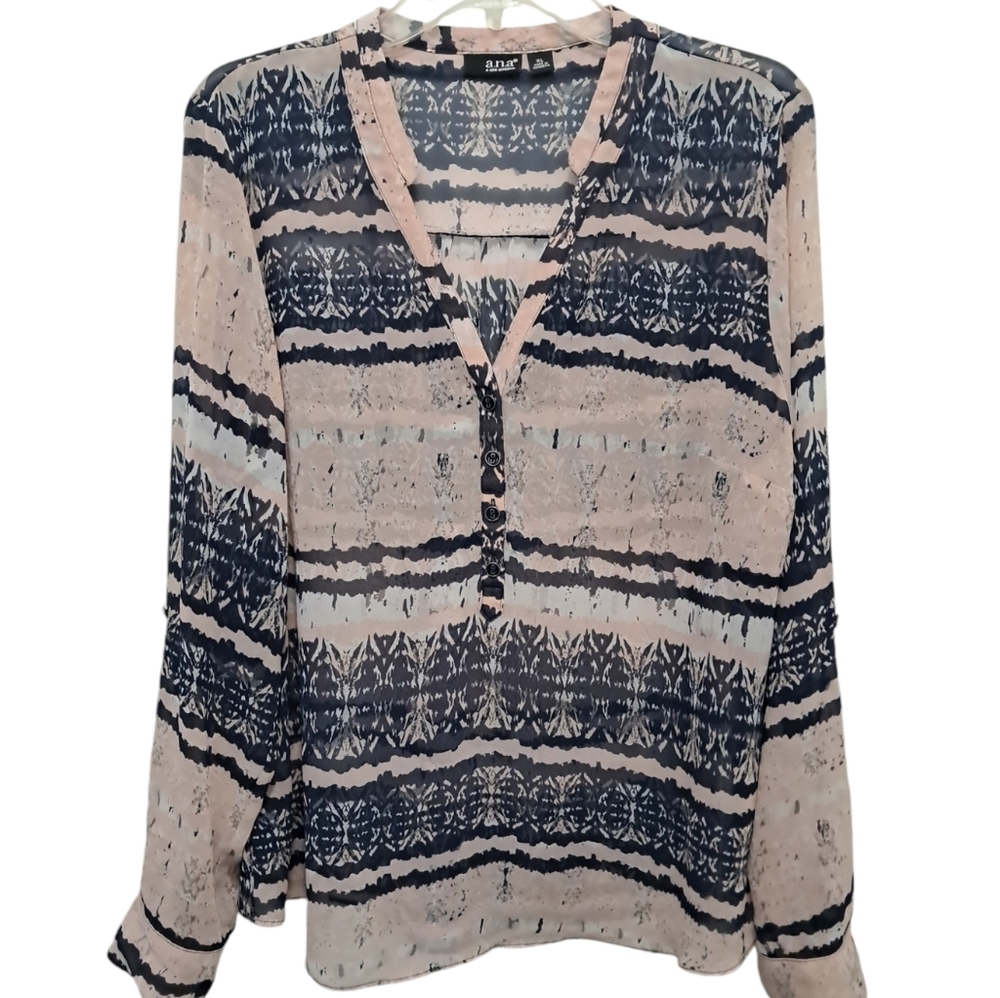 a.n.a Women's blouse Long Sleeves V Neck Size XL Blue and Pink.